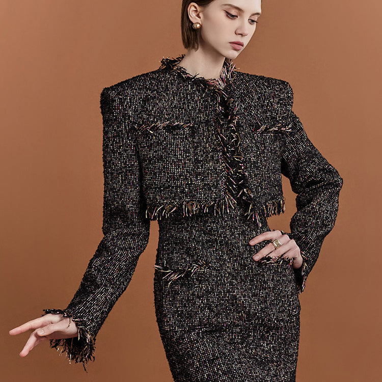 J9276 ツイードフリンジクロップパッドシングルジャケット