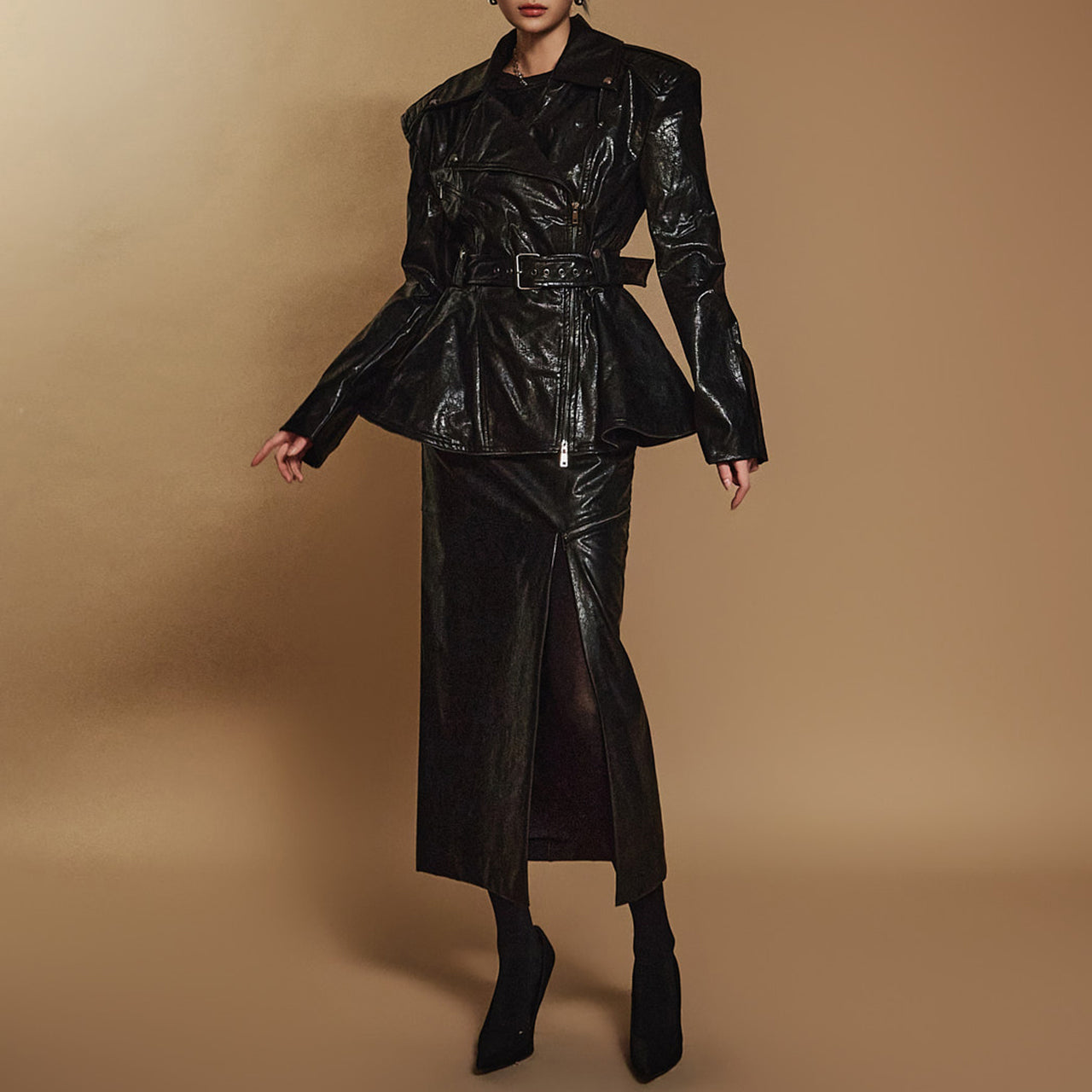 TP9139 Crackled Leather Belted Jacket and Skirt Set