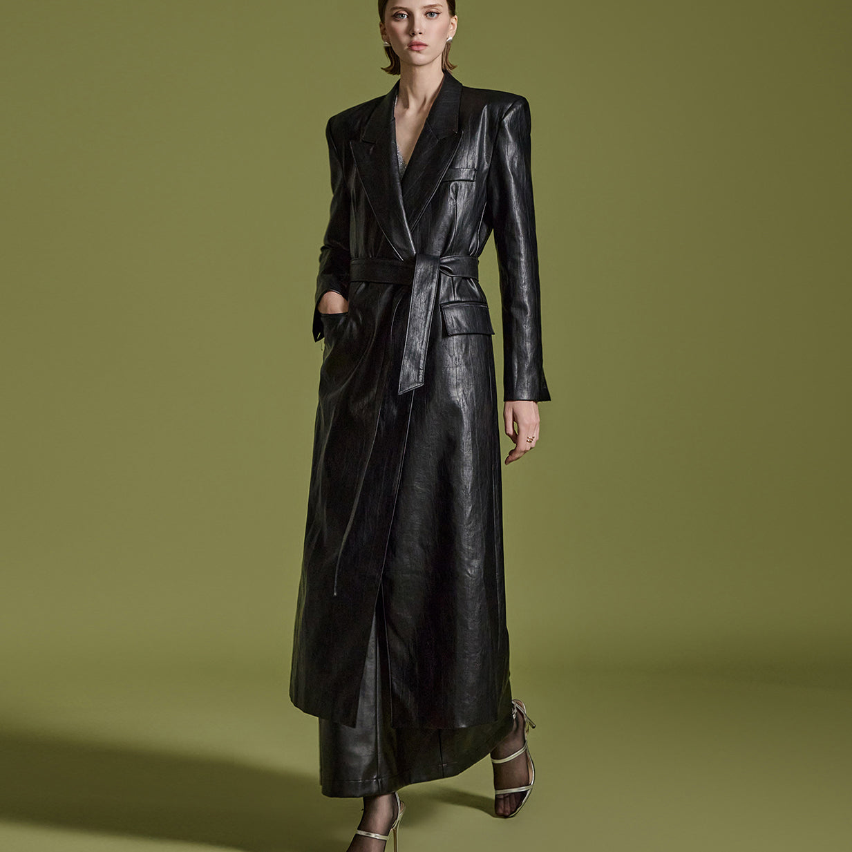 J2419 Leather Long coat With Belt