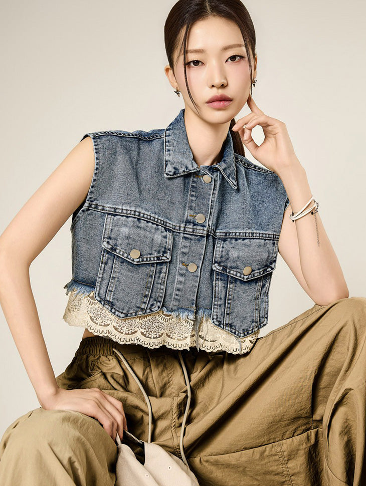 J3231 Lace Denim Vest