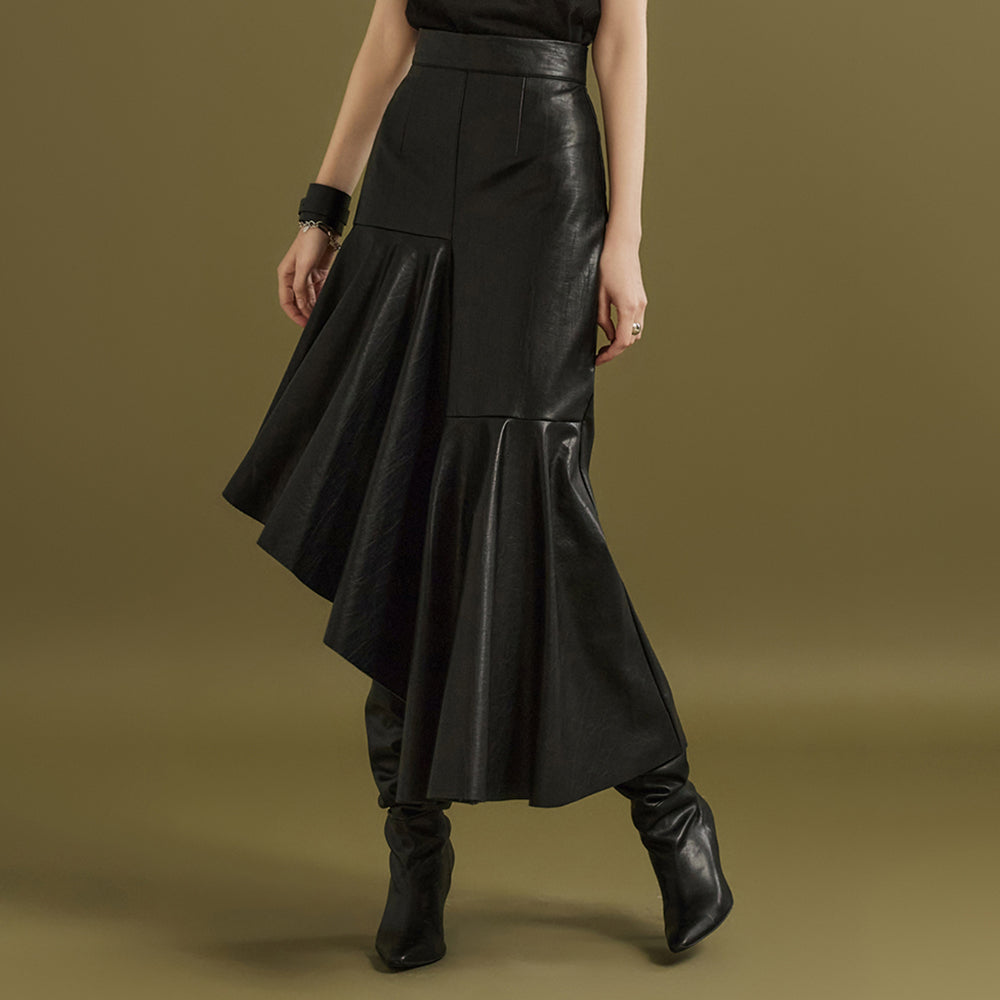 SK9211 Leather Asymmetrical Frill Skirt