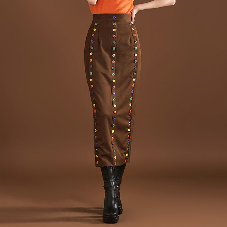 SK9227 カラーボタンハイウエストロングスカート
