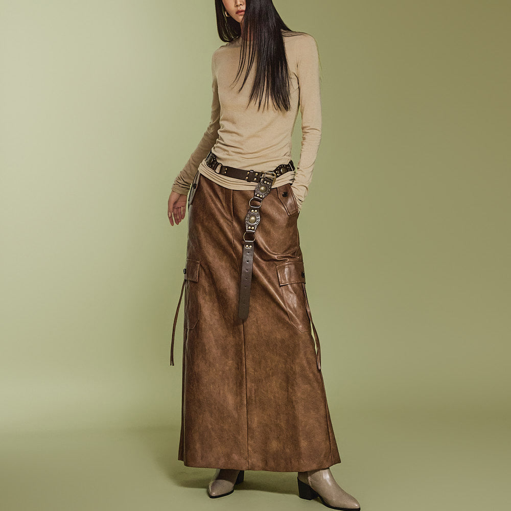 SK2805 Leather Cargo Skirt