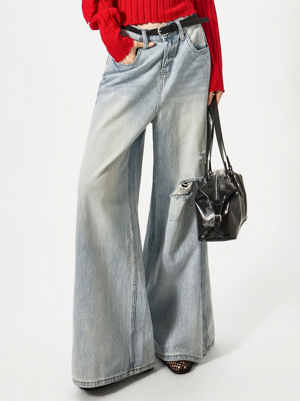 PJ638 破损水洗阔腿牛仔裤