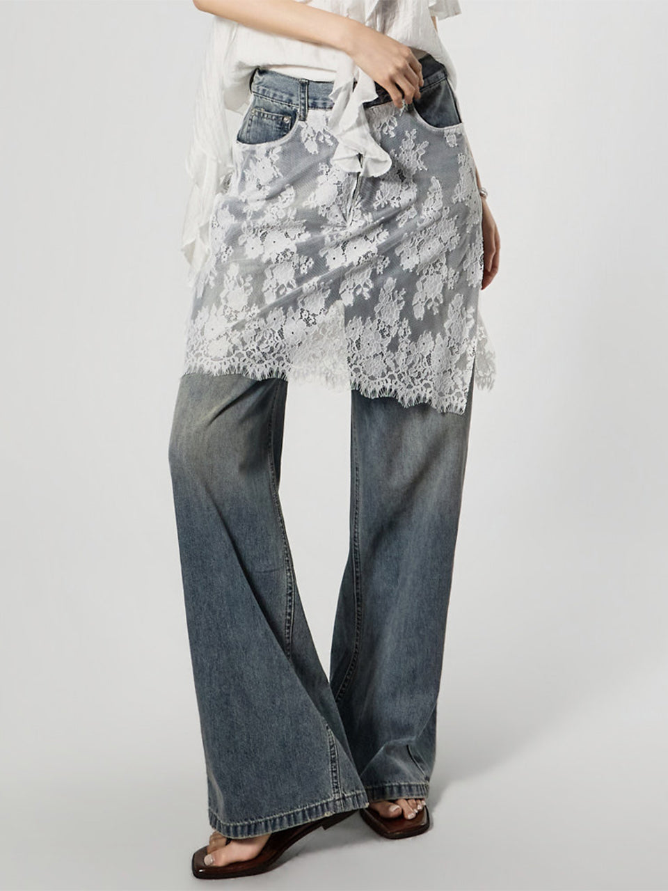 PJ642 蕾丝叠层牛仔裤