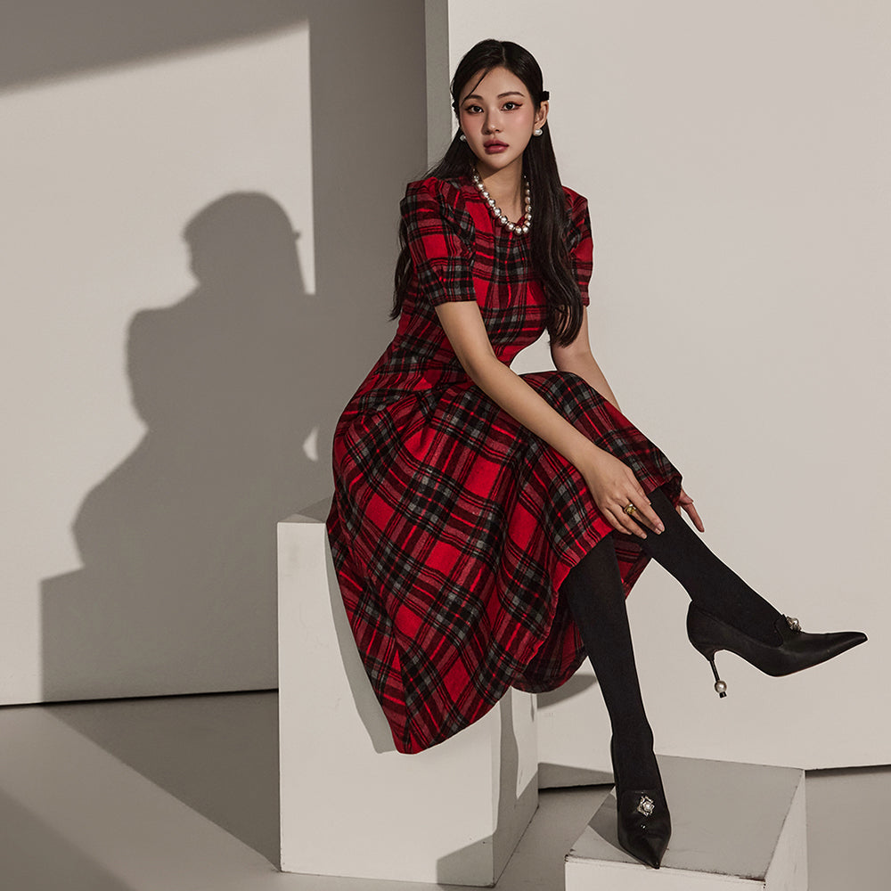 D4857 Tartan Check Flare Dress