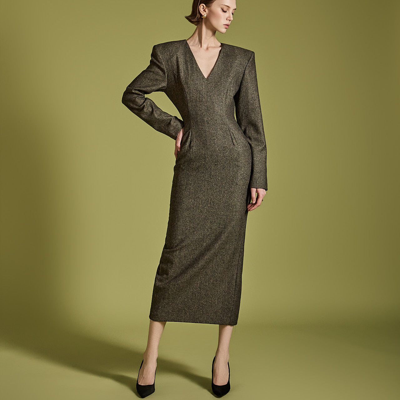 D9510 Herringbone Wool Dress