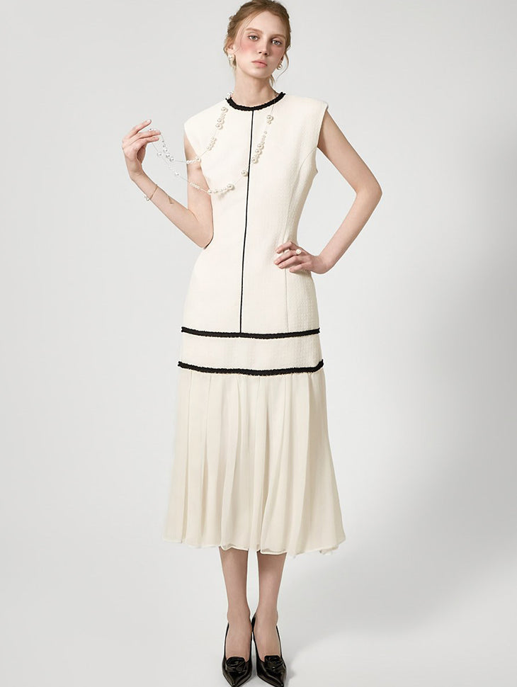 D9586 撞色压褶连衣裙