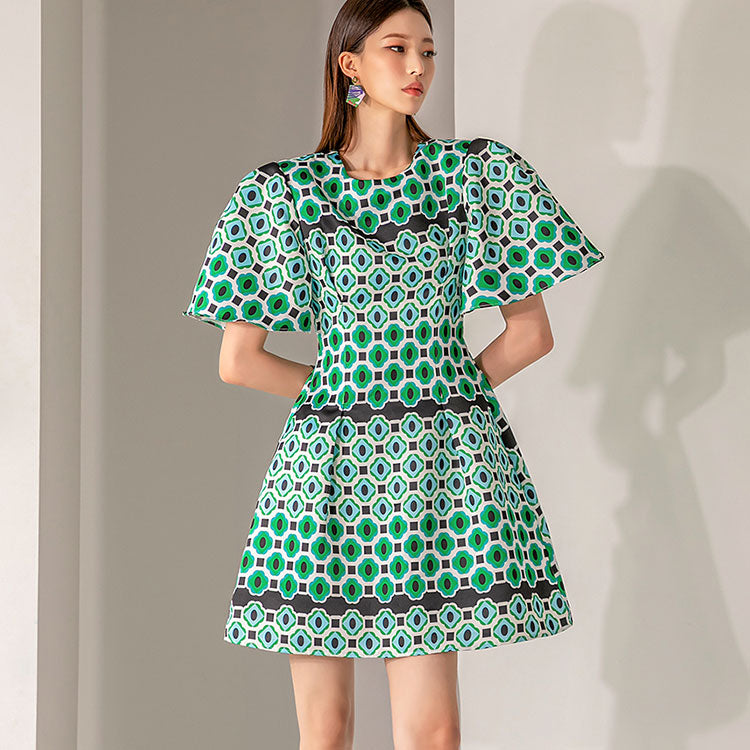 D4461 Pattern Puff Sleeve Mini Dress