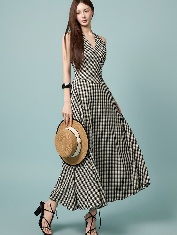 D5627 Check Halter Dress