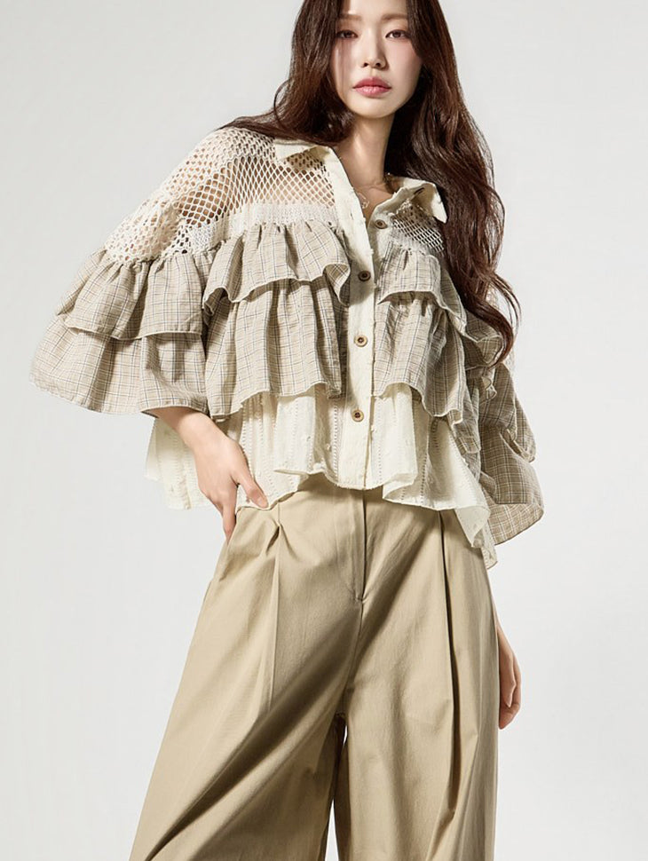 S869 钩针荷叶边格纹衬衫