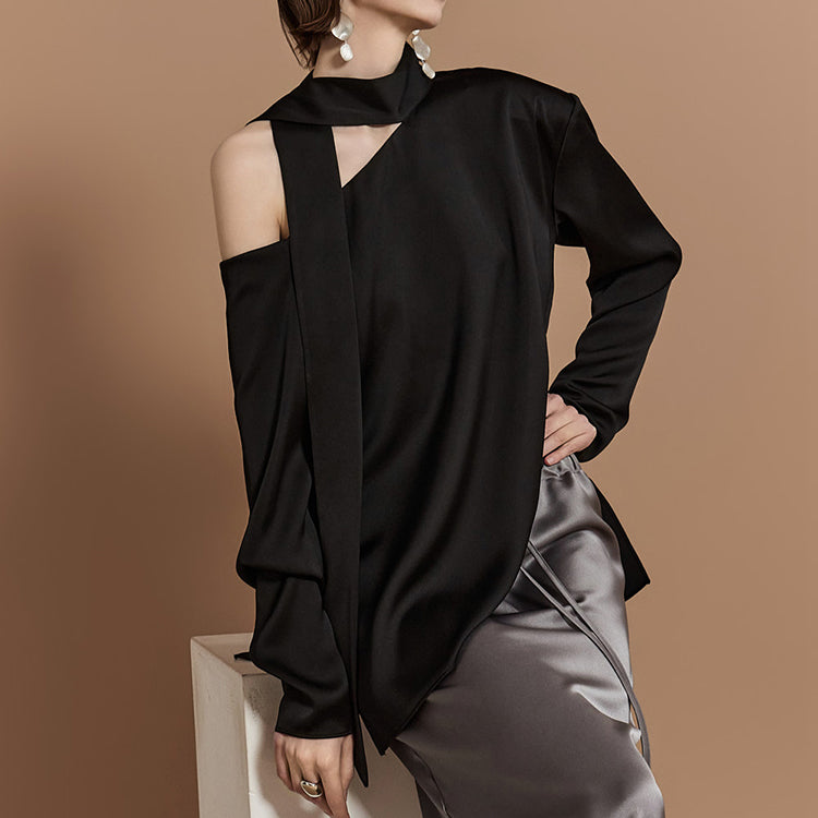 B9175 Satin One Shoulder Scarf Blouse