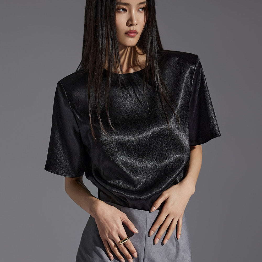 B9100 Round Neck Shoulder Pad Short Sleeve Blouse