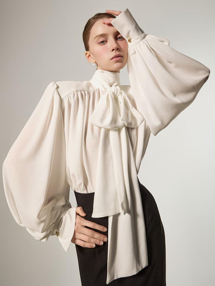 B9213 高领系带垂坠女衬衫