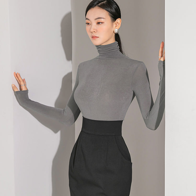 E2541 See-through Slim Turtleneck Top