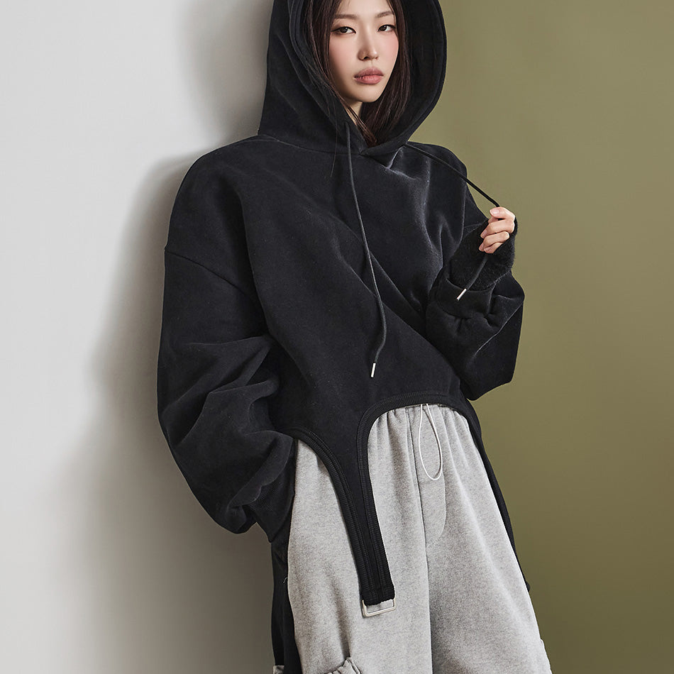 E3203 Fleece-lined Unbalance Buckle Hooded Top