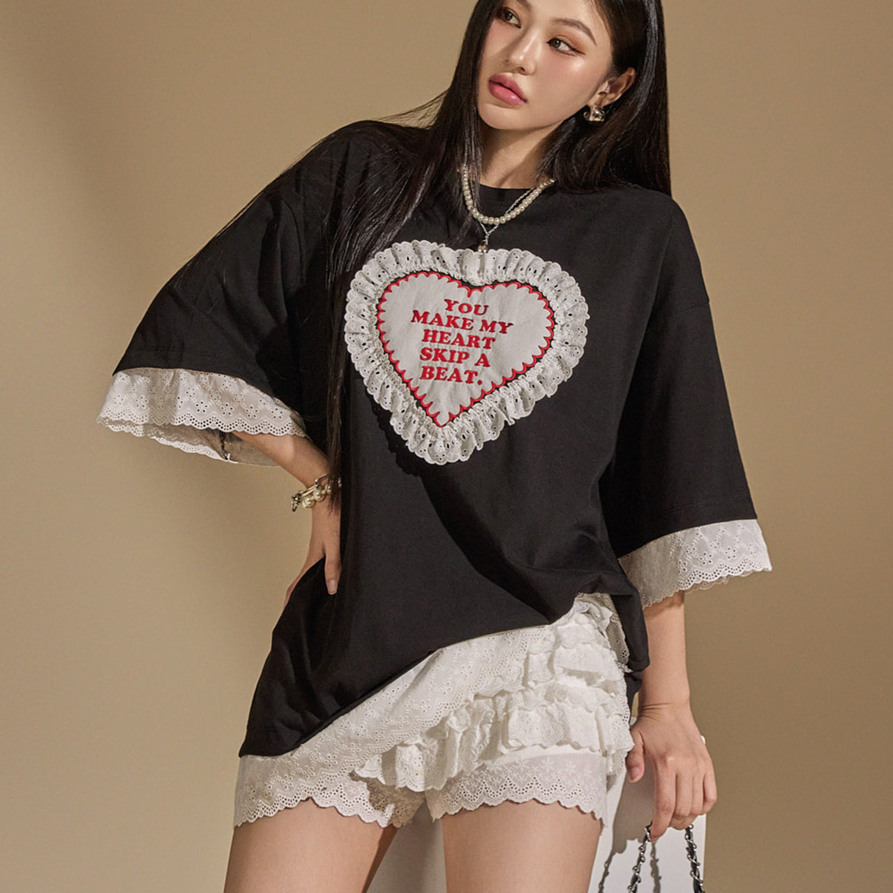 E3459 Lace and Heart Printed Top