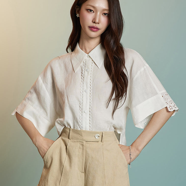 B3111 Linen Eyelet Designed Blouse