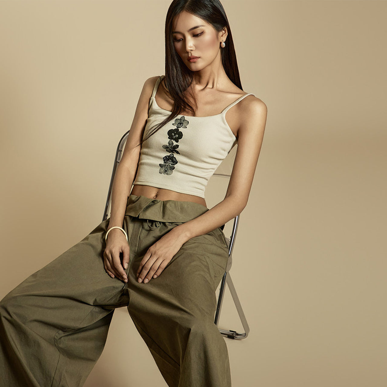 E3859 インナーキャップ付きプリントノースリーブトップス