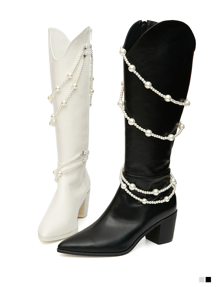 AR-2988 Heeled Long Boots with Pearl Strap