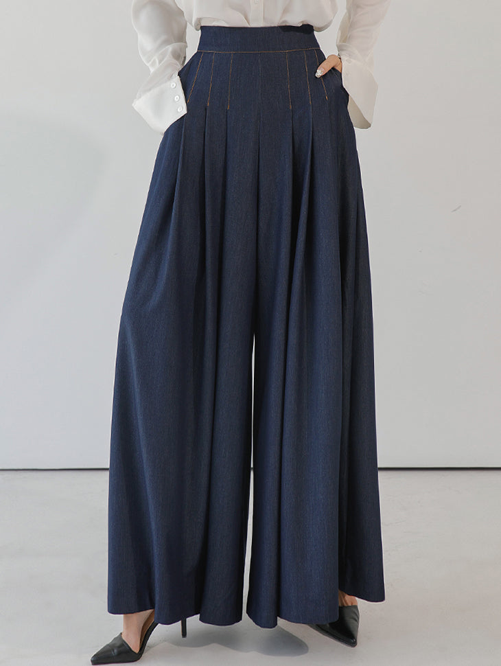 P2689 Pleated Denim Wide Slacks