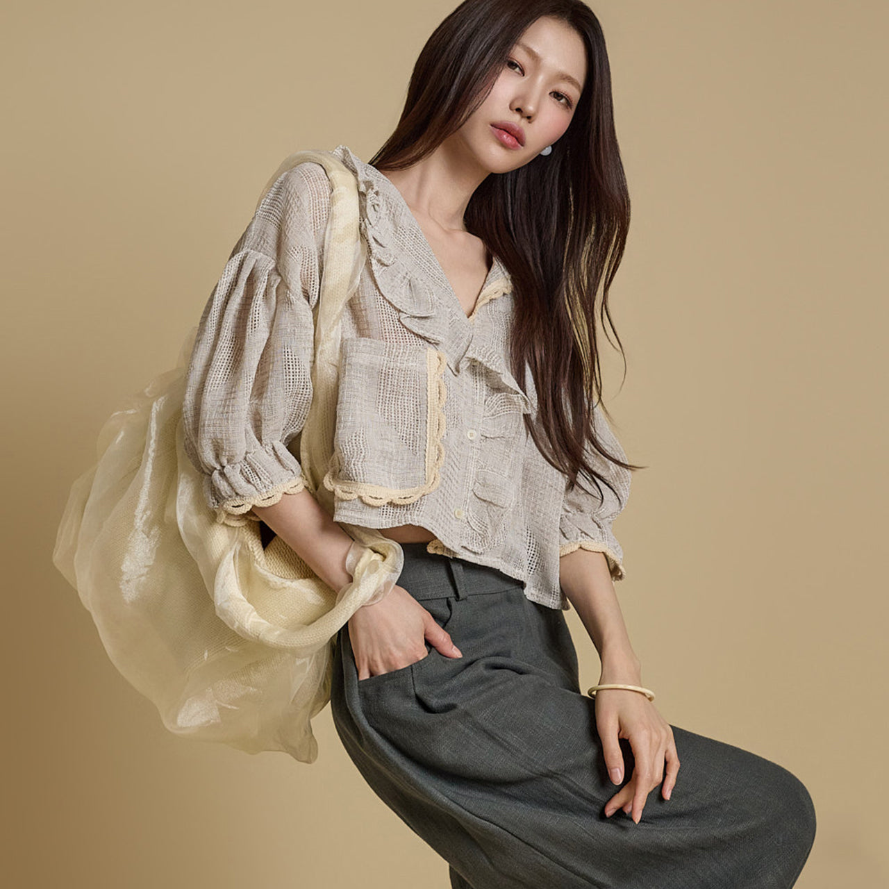 B3061 Linen Frilled Blouse