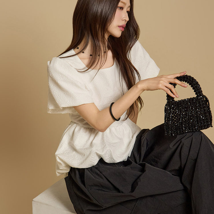 B3082 Back Ribbon Puffed Sleeves Blouse