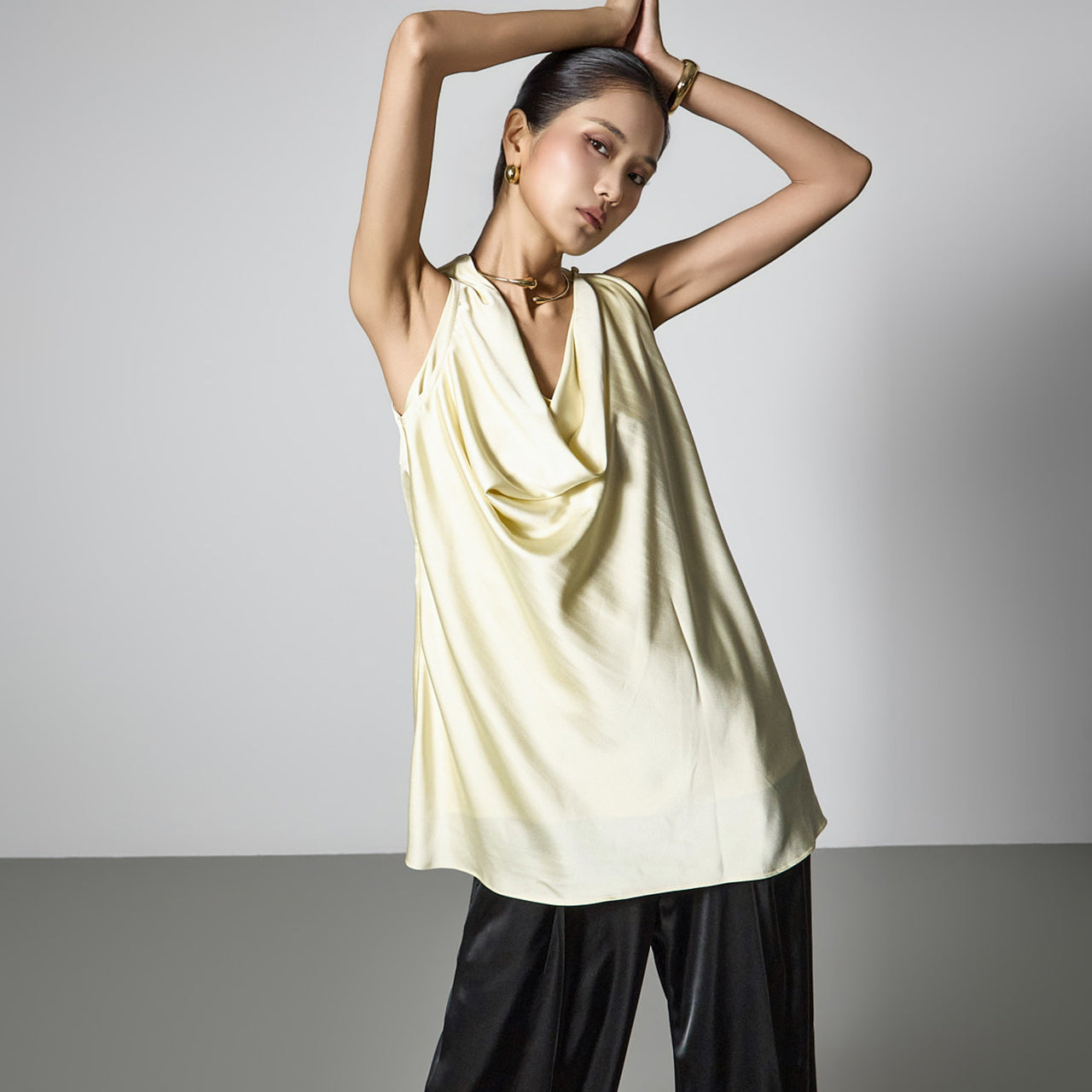 B9223 Asymmetrical Drape Blouse