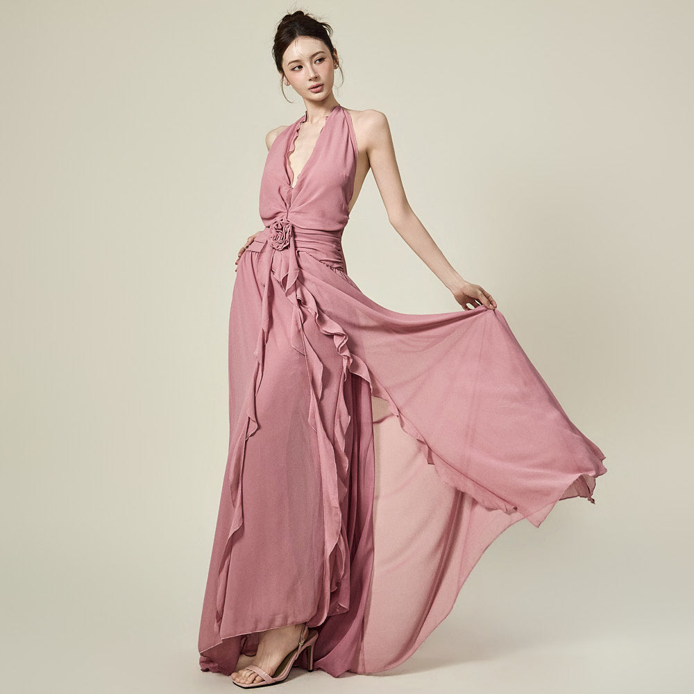 D5588 花卉露背连衣裙