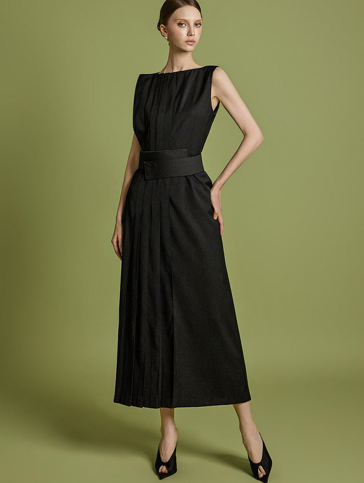 D9544 ベルト付きプリーツドレス