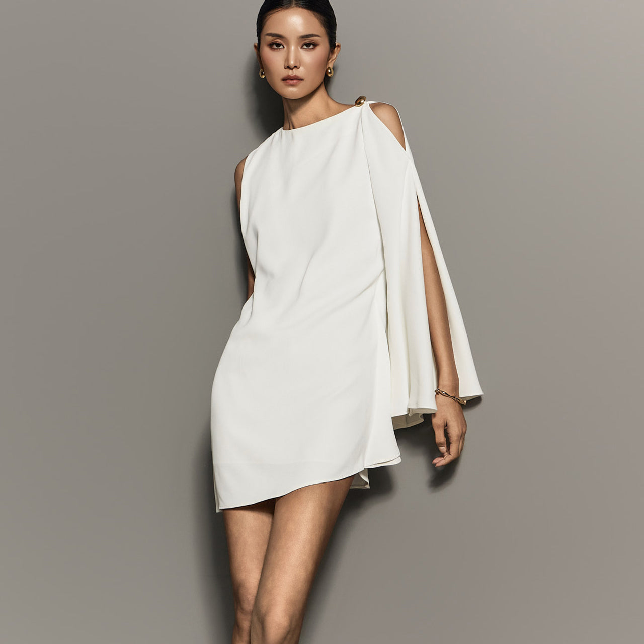 D9545 Asymmetric Sleeve Mini Dress