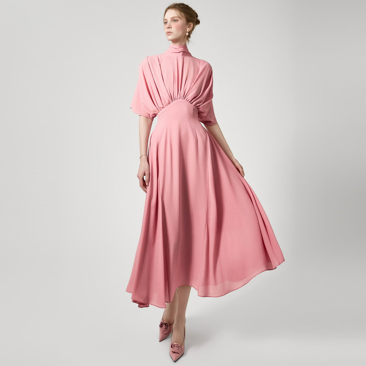 D9556 スカーフ付シャーリングドレス