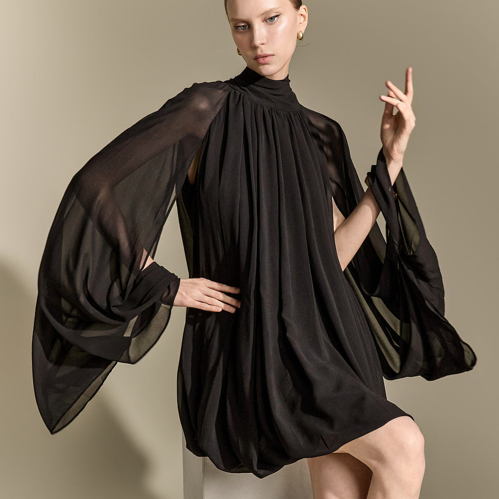 D9634 High-Neck Shirred Balloon Dress
