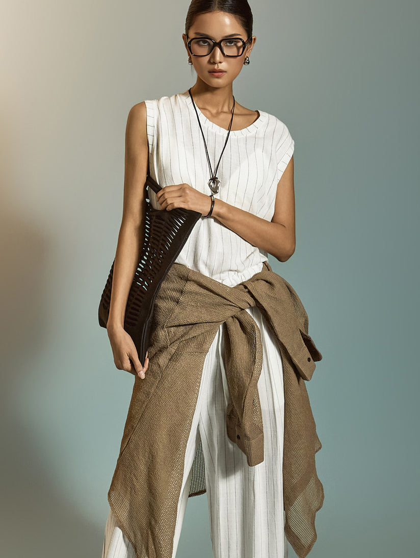 E3879 亚麻条纹上衣