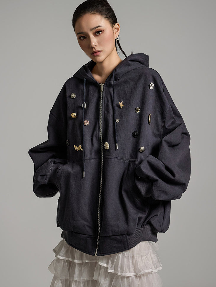 J2692 Beads Hooded Zip-Up Jacket