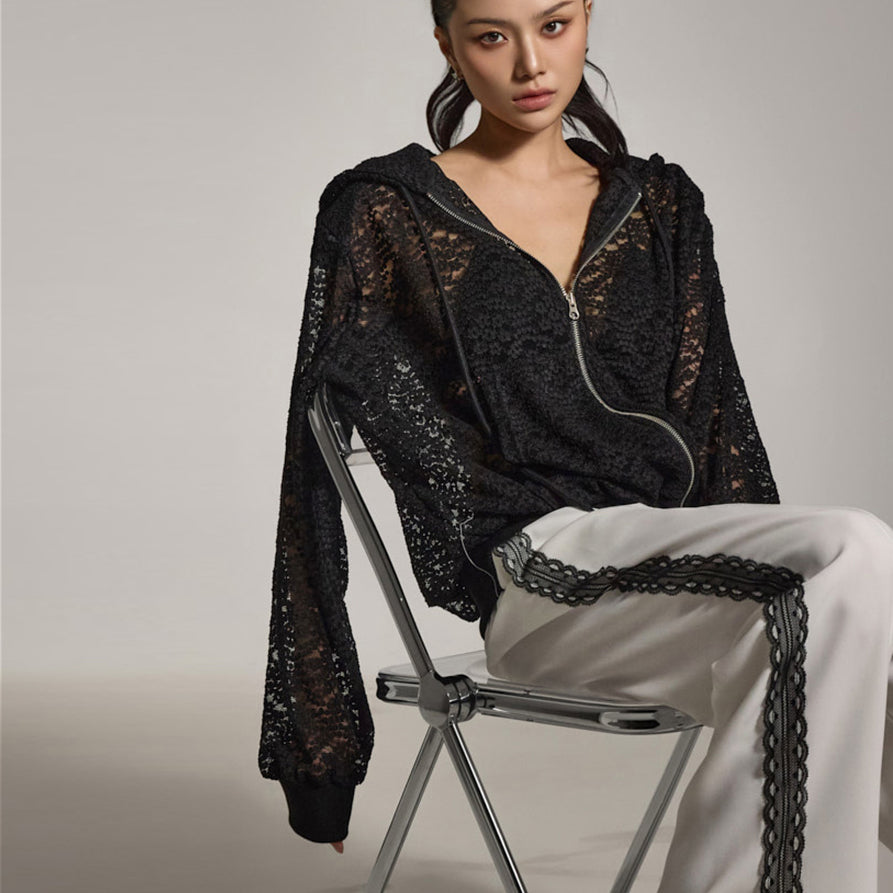 J2783 Lace Hooded Zip-Up Jacket