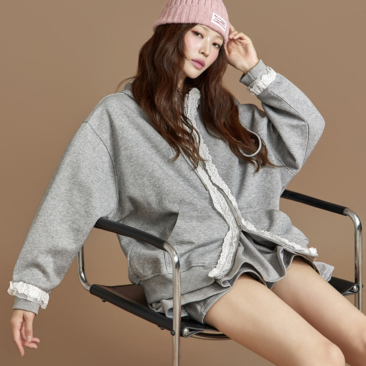 J2901 Lace Hooded Zip-Up Jacket
