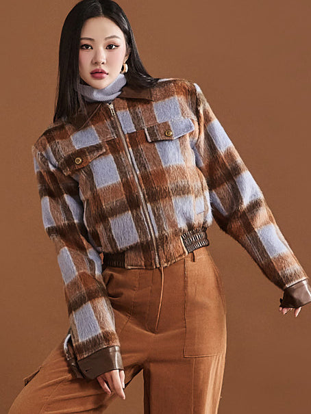 J2107 Plaid Color Contrasting Blouson Jacket