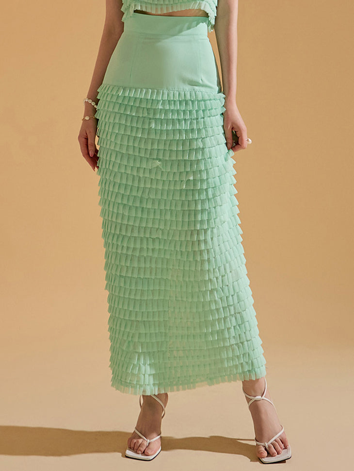 SK9205 Tiered Frill High Waist Long Skirt