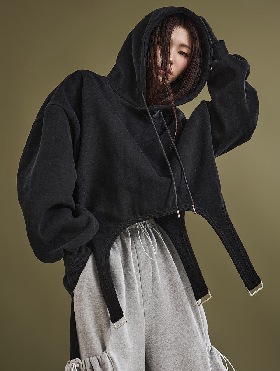 E3203 Fleece-lined Unbalance Buckle Hooded Top