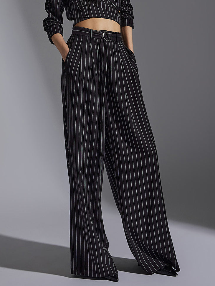 P3063 Striped Long Wide Slacks (Belt Set)