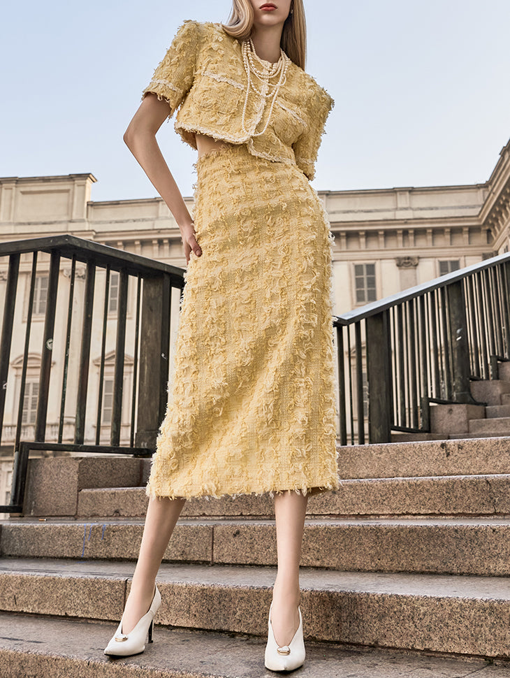 SK9225 ツイードウールフリンジミディスカート