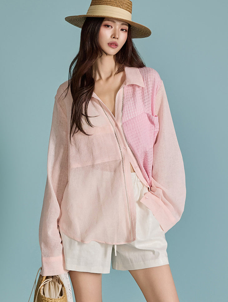 S647 Color Contrasting Sheer Shirt