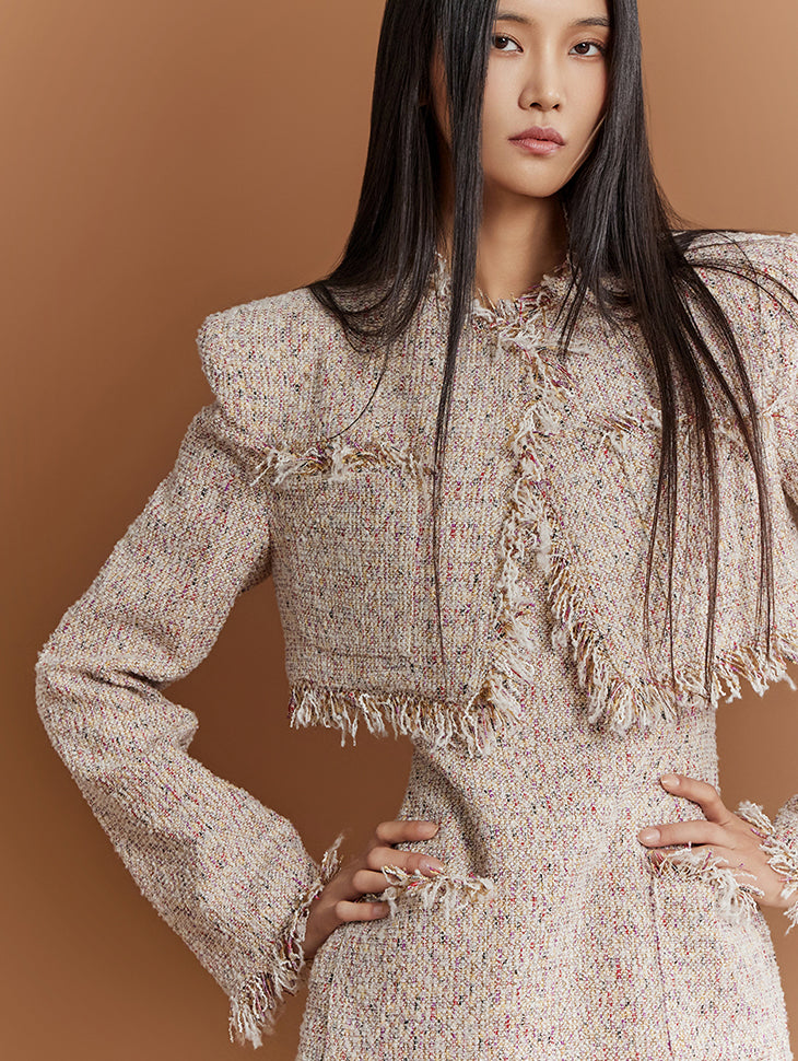 J9276 ツイードフリンジクロップパッドシングルジャケット