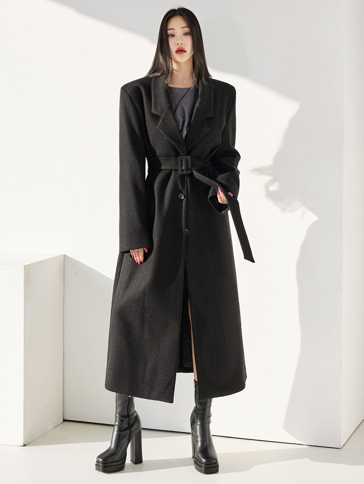 J1687 Back Button Long Coat With Belt