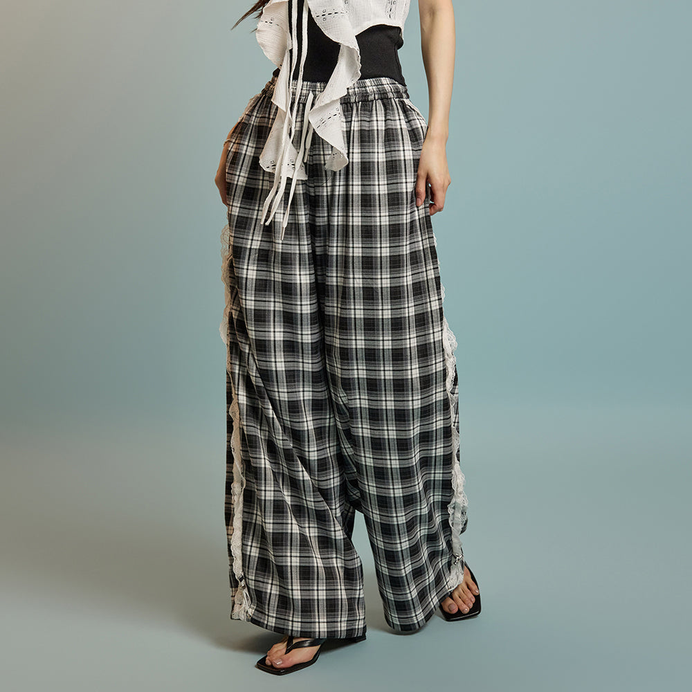 P3505 レースチェック柄パンツ