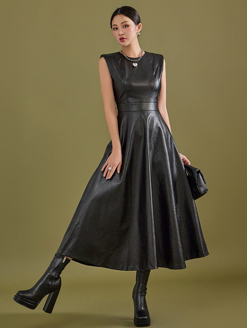 D4800 Leather Flare Dress